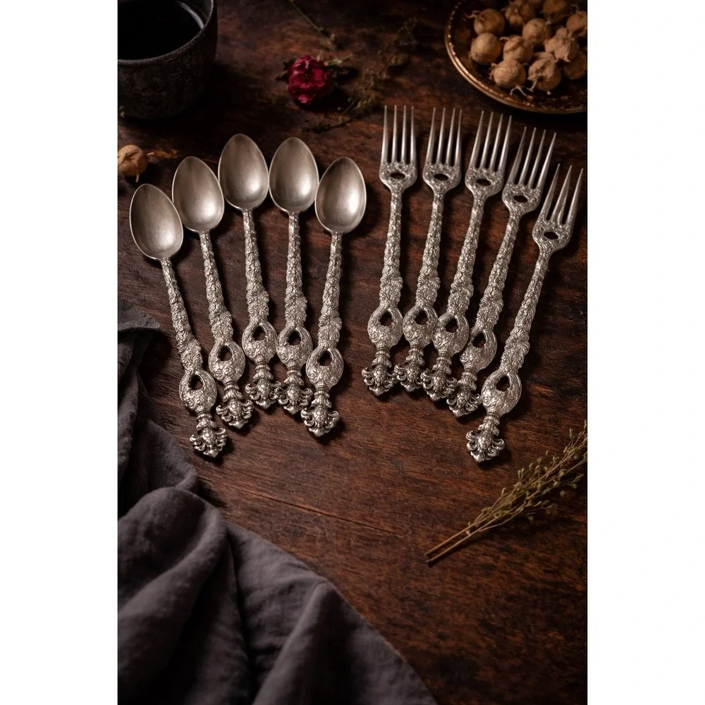 Vintage Italian Pewter Flatware‎ Set 12 Demitasse Ornate Baroque Gothic Italy